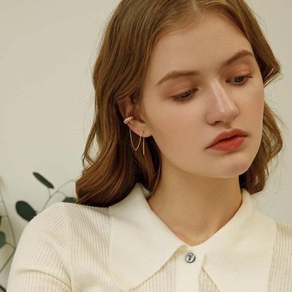 Gold Dangle Hoop Earrings Small Stud Drop Chain Dazzling Zirconia Jewelry - Picture 3 of 9